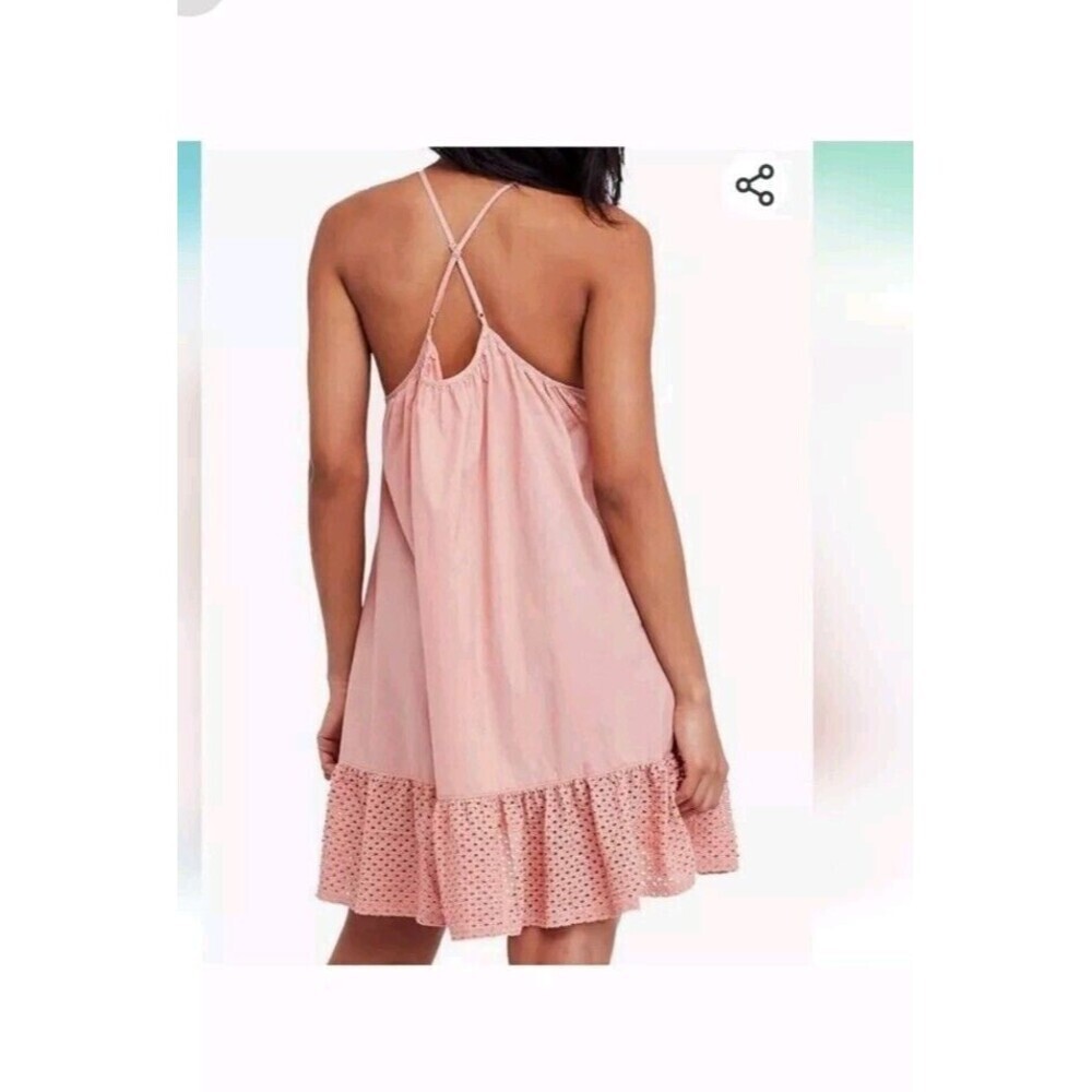 Free People Calico Cotton Trapeze Eyelet Top Dress Women’s size Small Coral Pink - Picture 9 of 9